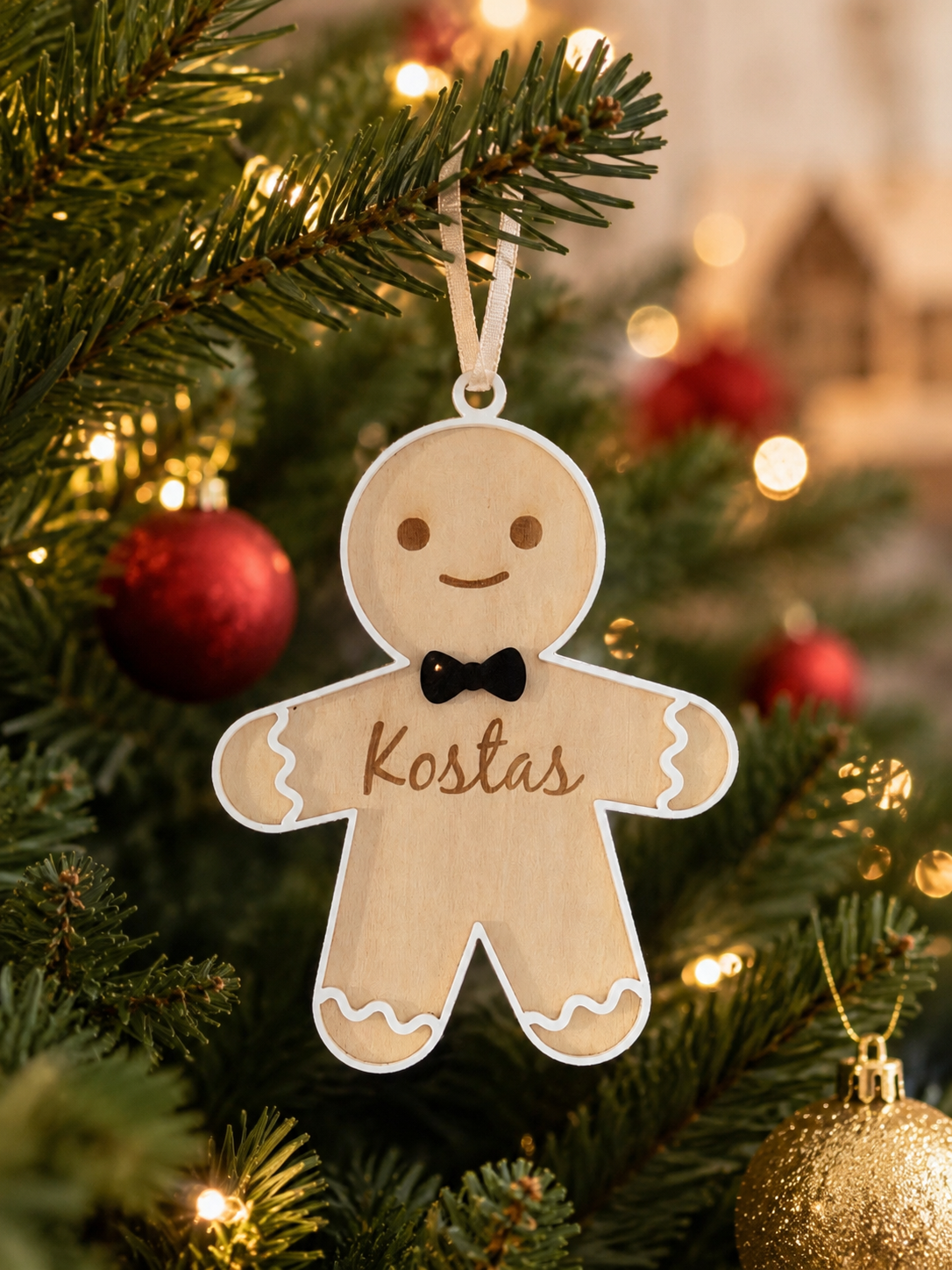 Personalized Gingerbread Boy Christmas Ornament – Custom Name Wood & Acrylic Decoration