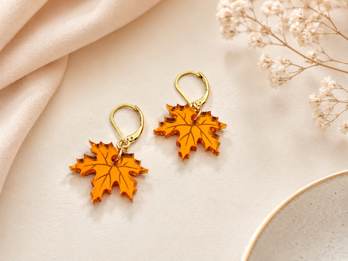 Autumn Maple Leaf Earrings • Acrylic Fall Earrings • Orange Gold