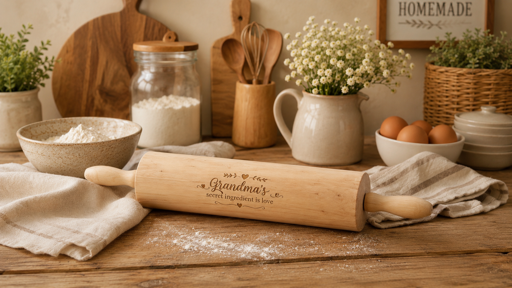 Personalized Wooden Rolling Pin & Spoon Set – Engraved with Your Text