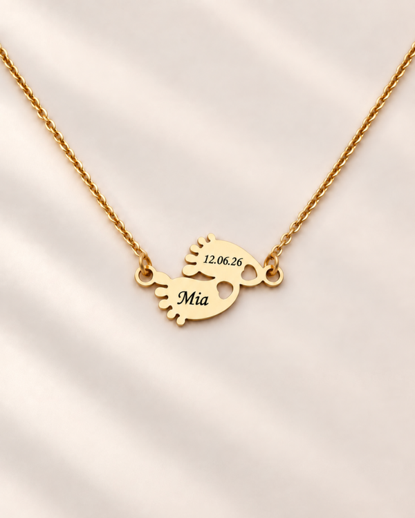 Personalised Baby Feet Necklace – Baby Name & Birth Date Keepsake. Gift for new mom