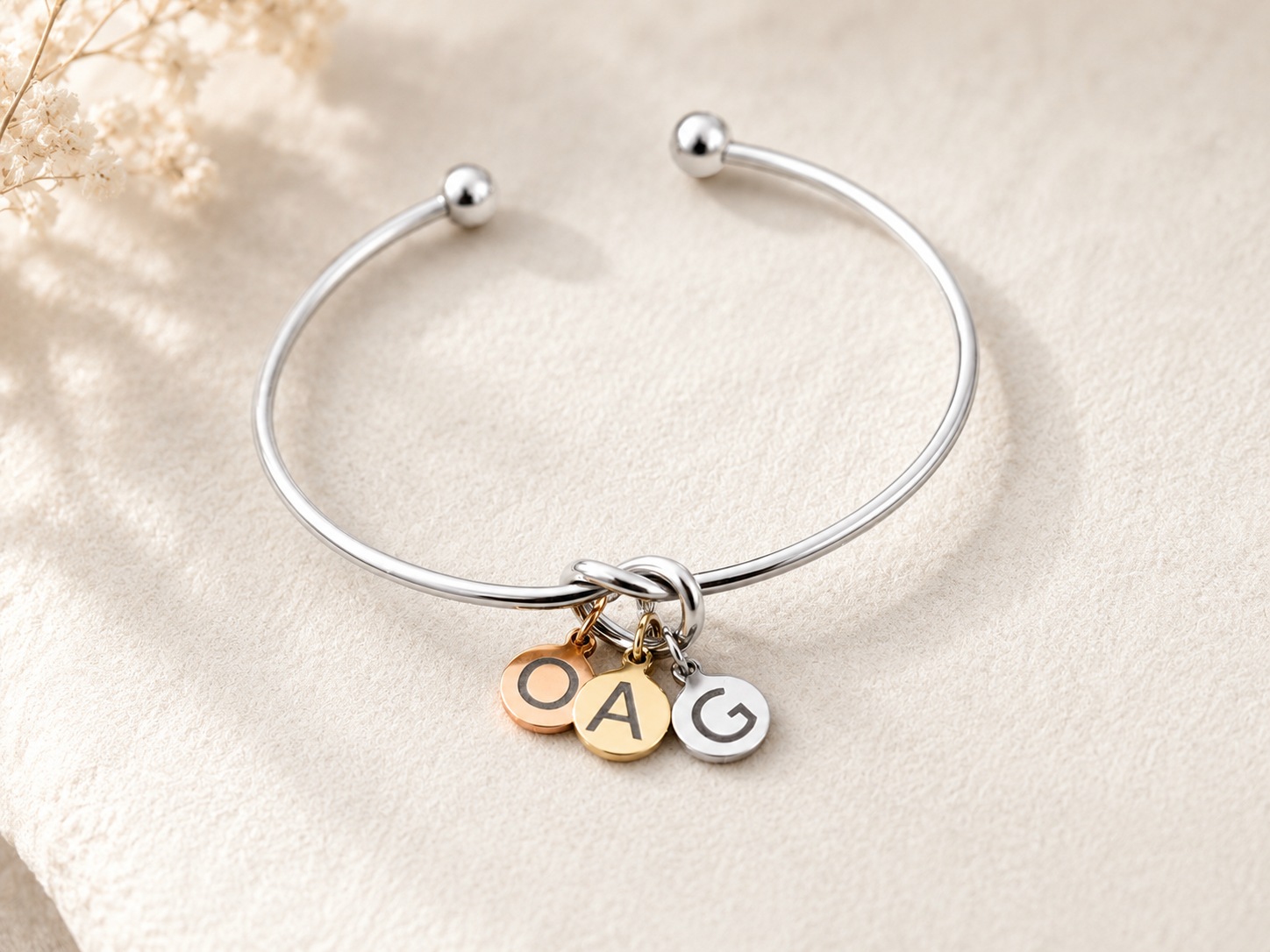 Personalized Initial Knot Bracelet – Stainless Steel Bangle with Letter Charms
