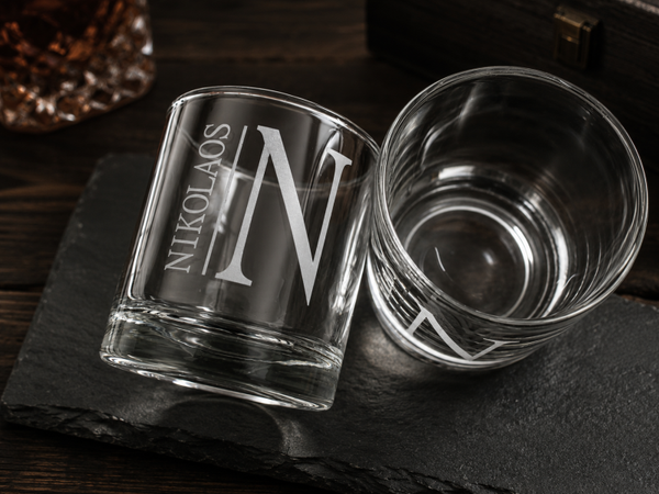 Personalized Engraved Whiskey Glass – Custom Initial & Name