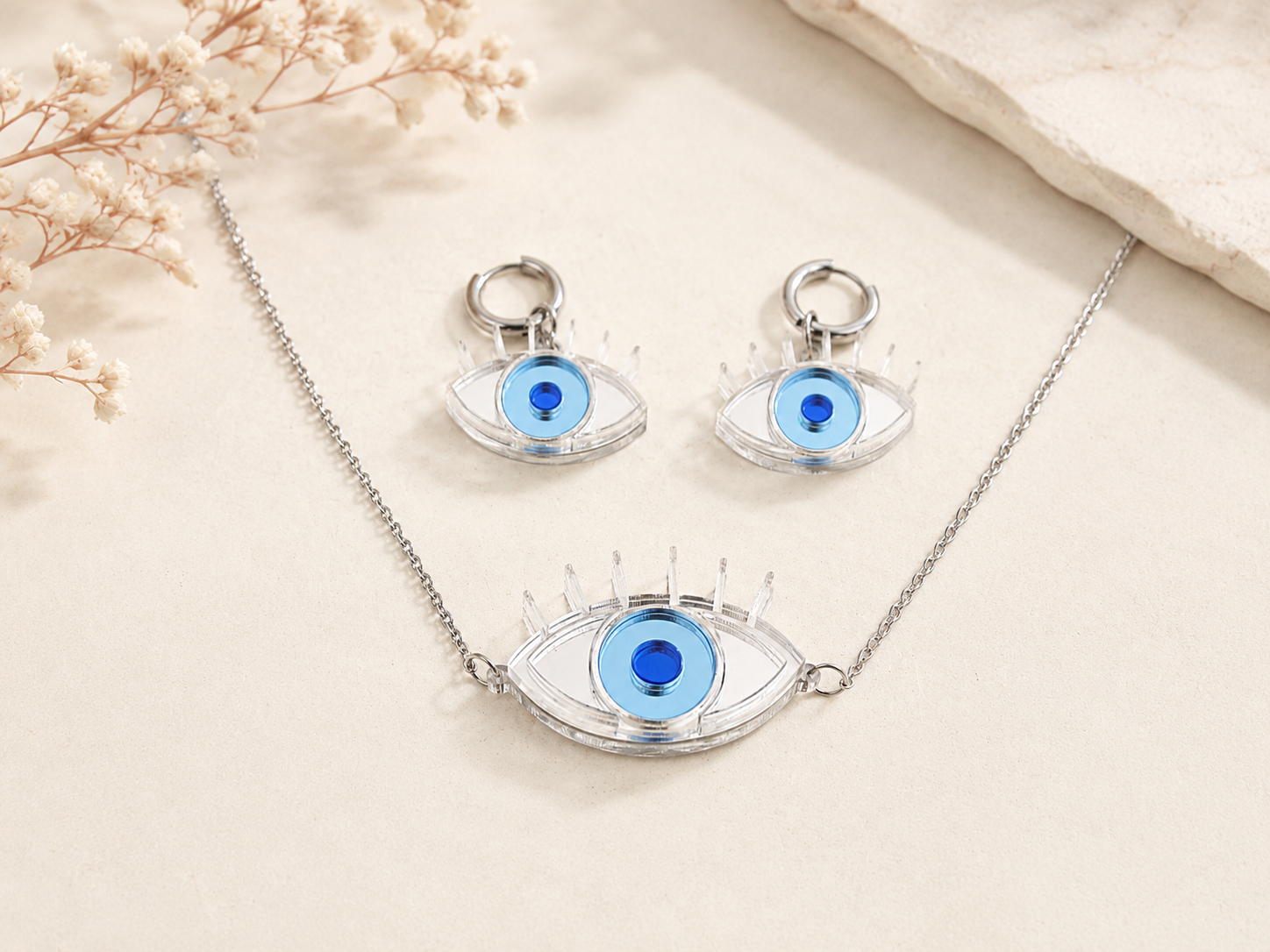 Evil Eye Necklace & Earrings • Protection Jewelry Set • Acrylic Blue Eye