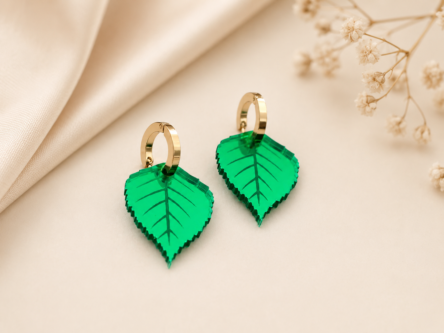 Green Leaf Earrings • Acrylic Nature Earrings • Gold Hoop