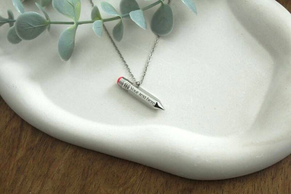 Personalized Pencil Necklace • Engraved Mini Pencil Pendant • Teacher Gift • Writer Gift