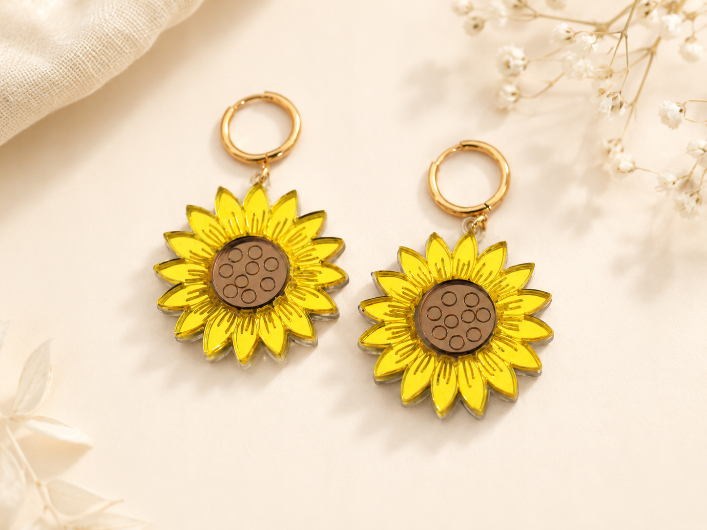 Sunflower Earrings • Bright Yellow Acrylic Earrings • Gold Hoops