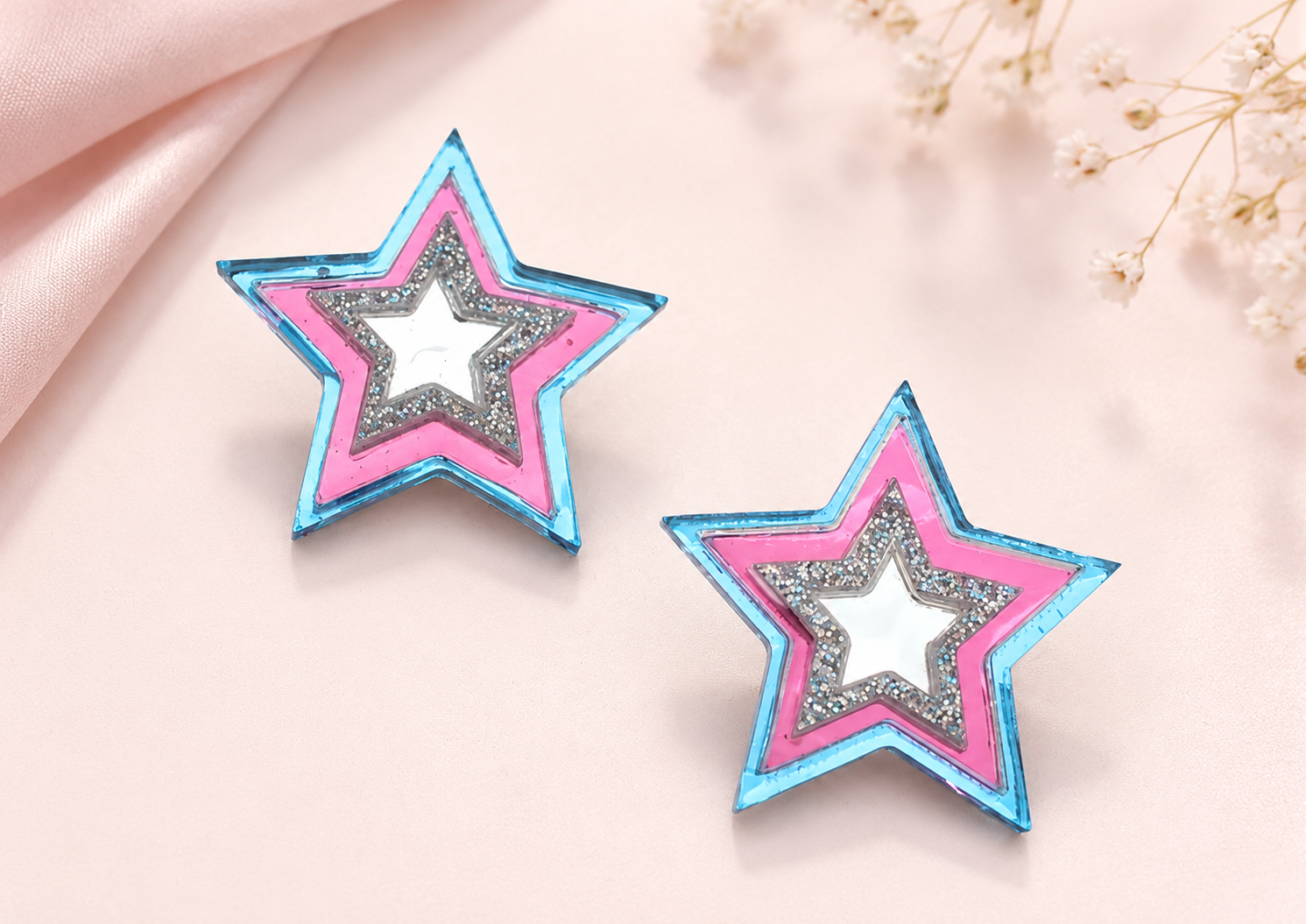 Star Statement Earrings • Pink & Blue Mirror Acrylic