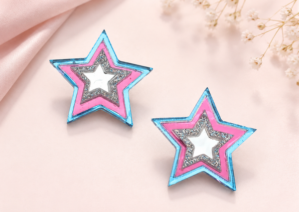 Star Statement Earrings • Pink & Blue Mirror Acrylic
