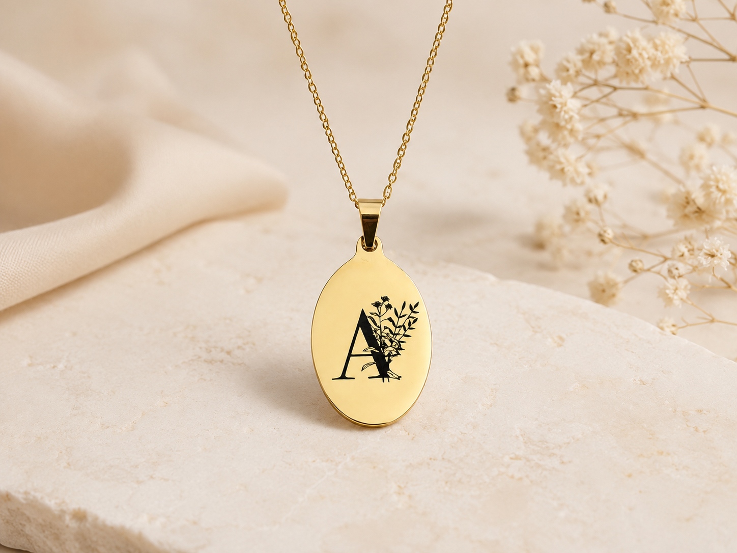 Floral Initial Necklace • Engraved Letter Pendant