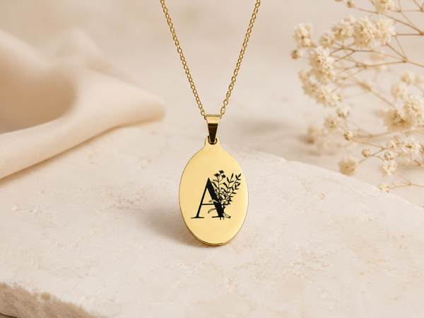 Floral Initial Necklace • Engraved Letter Pendant