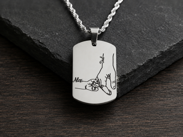 Personalized Dad & Child Dog Tag Necklace | Custom Hand Outline Engraving | Valentine’s Gift for Him