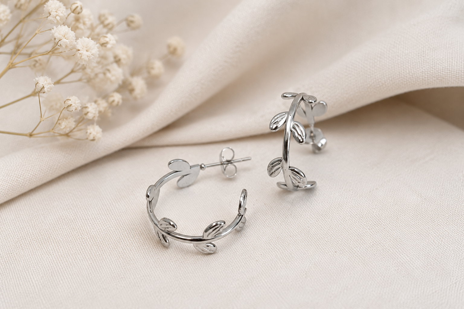 Leaf Hoop Earrings • Silver Stainless Steel