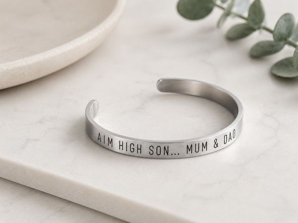 AIM HIGH SON” Personalized Cuff Bracelet – Gift from Mum & Dad