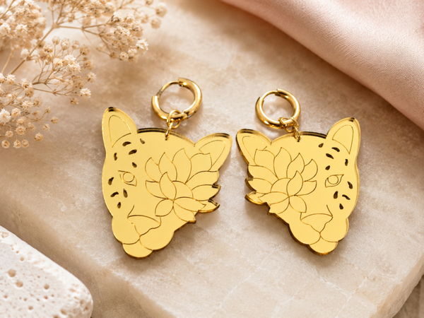 Mirror Tiger Earrings with Floral Engraving.
