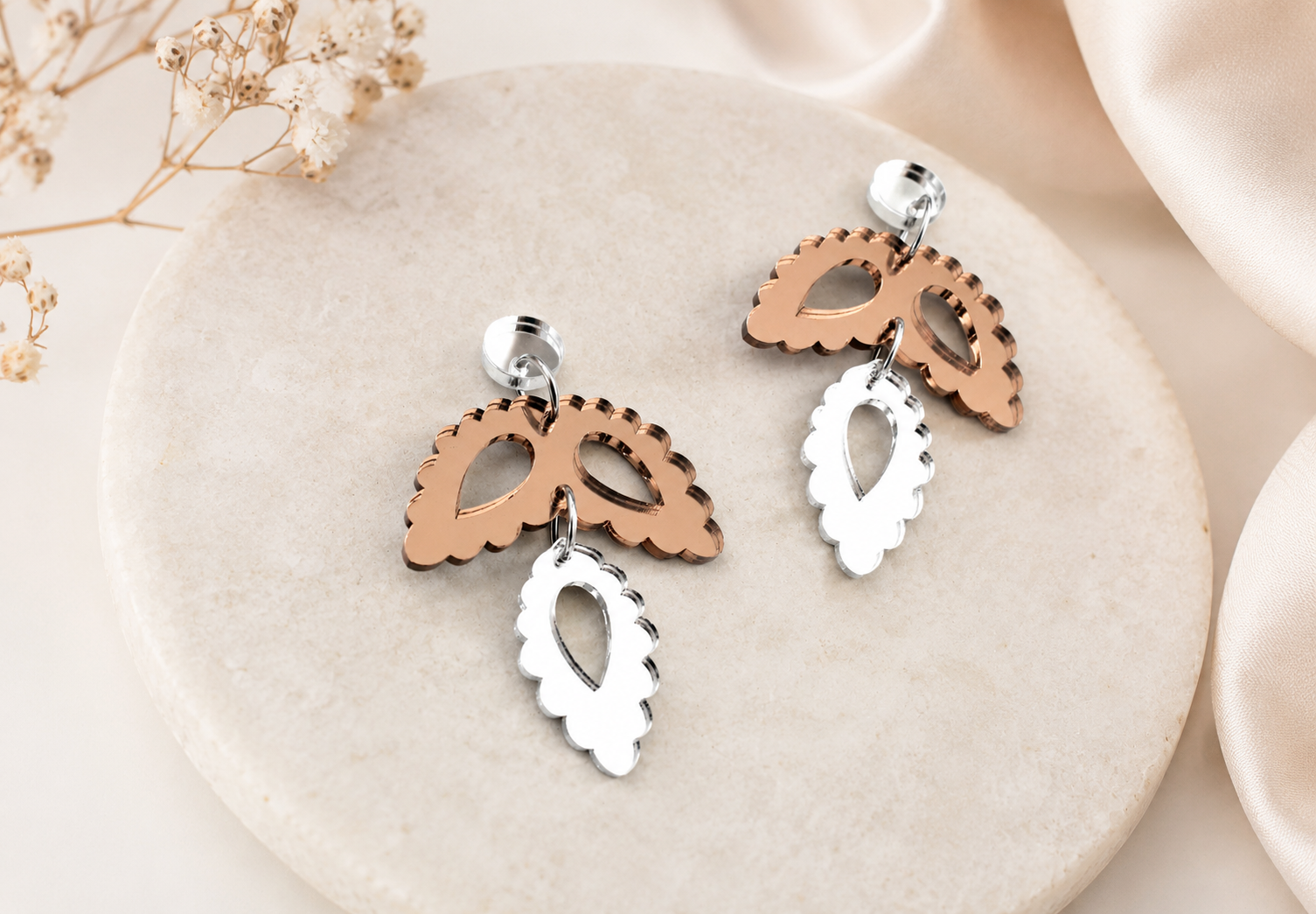 Mirror Acrylic Leaf Drop Earrings – Silver & Bronze