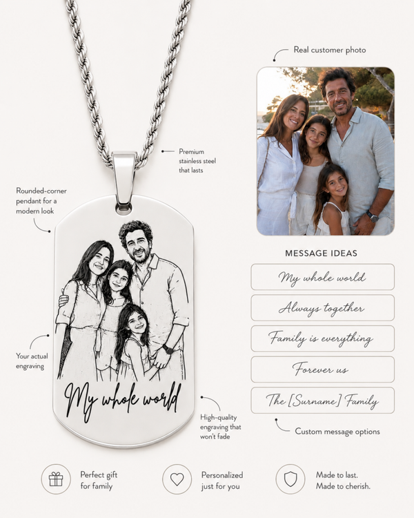 Family Photo Engraved Necklace for Him – Personalized Family Keepsake Pendant