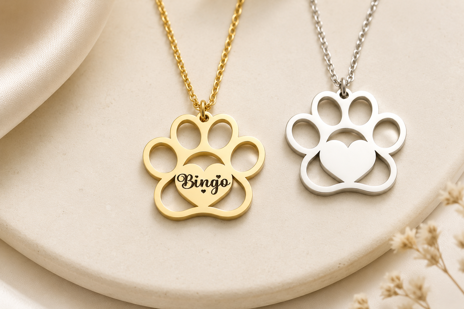 Personalized Paw Print Necklace with Heart • Custom Pet Name Jewelry