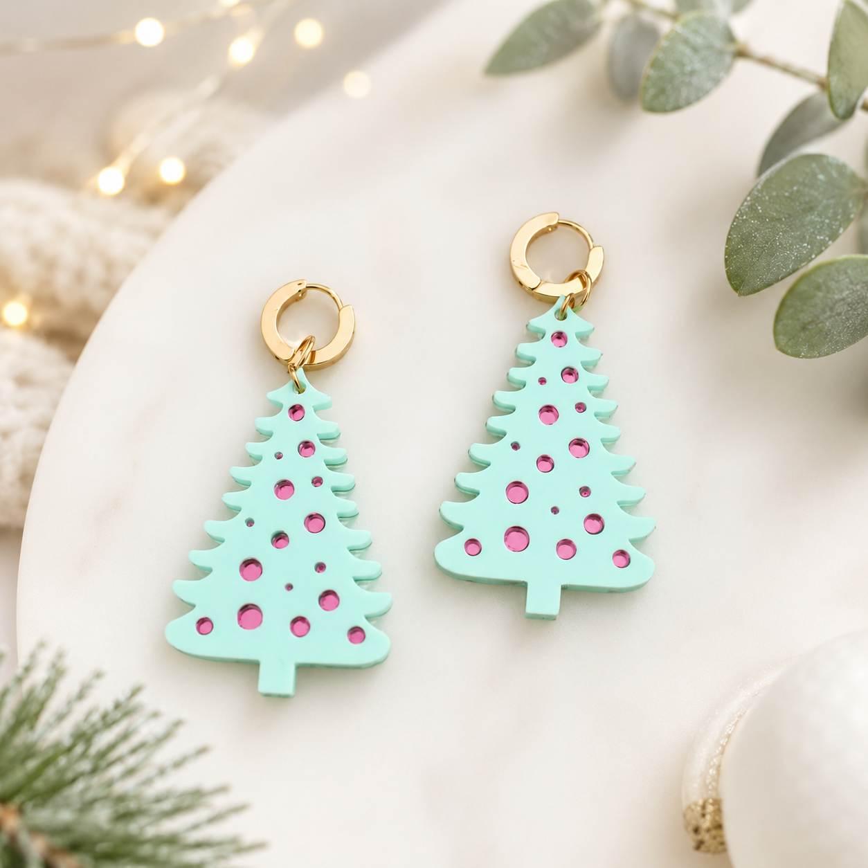 Pastel Christmas Tree Earrings • Mint & Pink Holiday Earrings