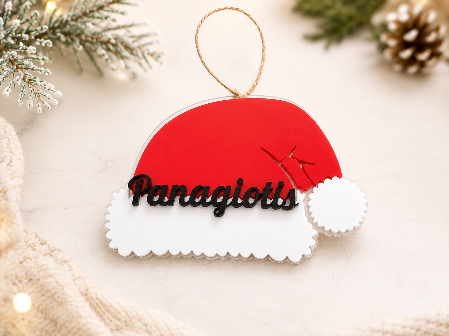 Personalized Santa Hat Christmas Ornament – Custom Name – Red & White Acrylic Decoration