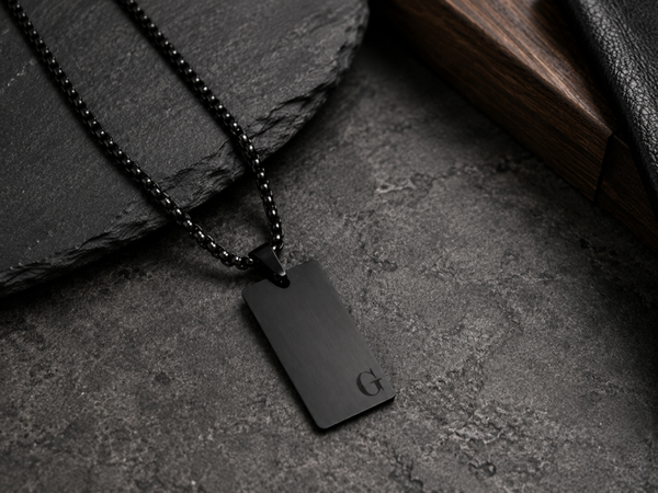 Black Stainless Steel Tag Necklace | Personalized Initial Engraving | Valentine’s Gift for Him