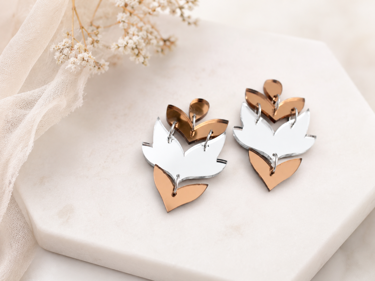 Mirror Acrylic Drop Earrings – Silver & Bronze