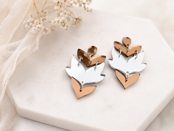 Mirror Acrylic Drop Earrings – Silver & Bronze