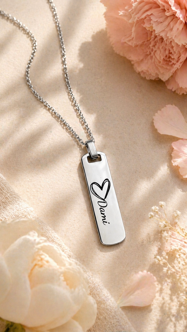 Personalized Vertical Bar Necklace • Silver Engraved Name Pendant