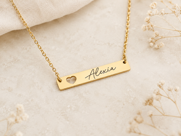 Personalized Name Bar Necklace with Heart Cutout • Engraved Stainless Steel | Perfect Valentine’s Day Gift