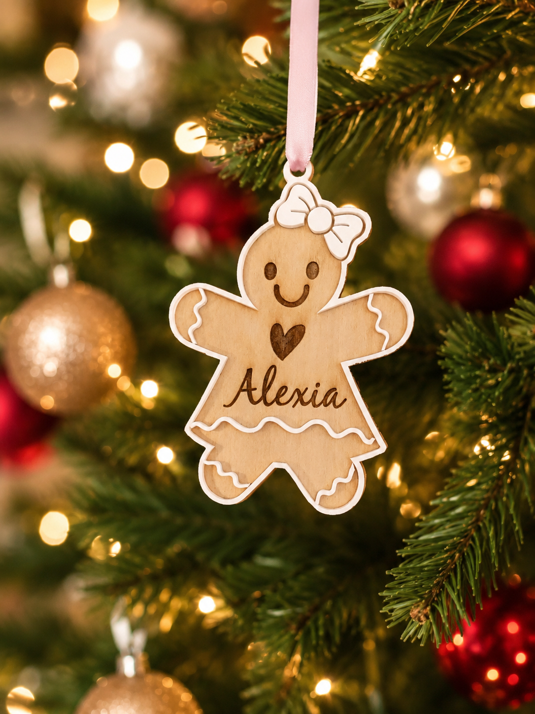 Personalized Gingerbread Girl Christmas Ornament – Custom Name Wood & Acrylic Decoration