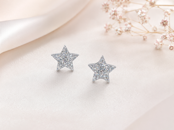Mini Glitter Star Stud Earrings • Silver Sparkle Acrylic Stars