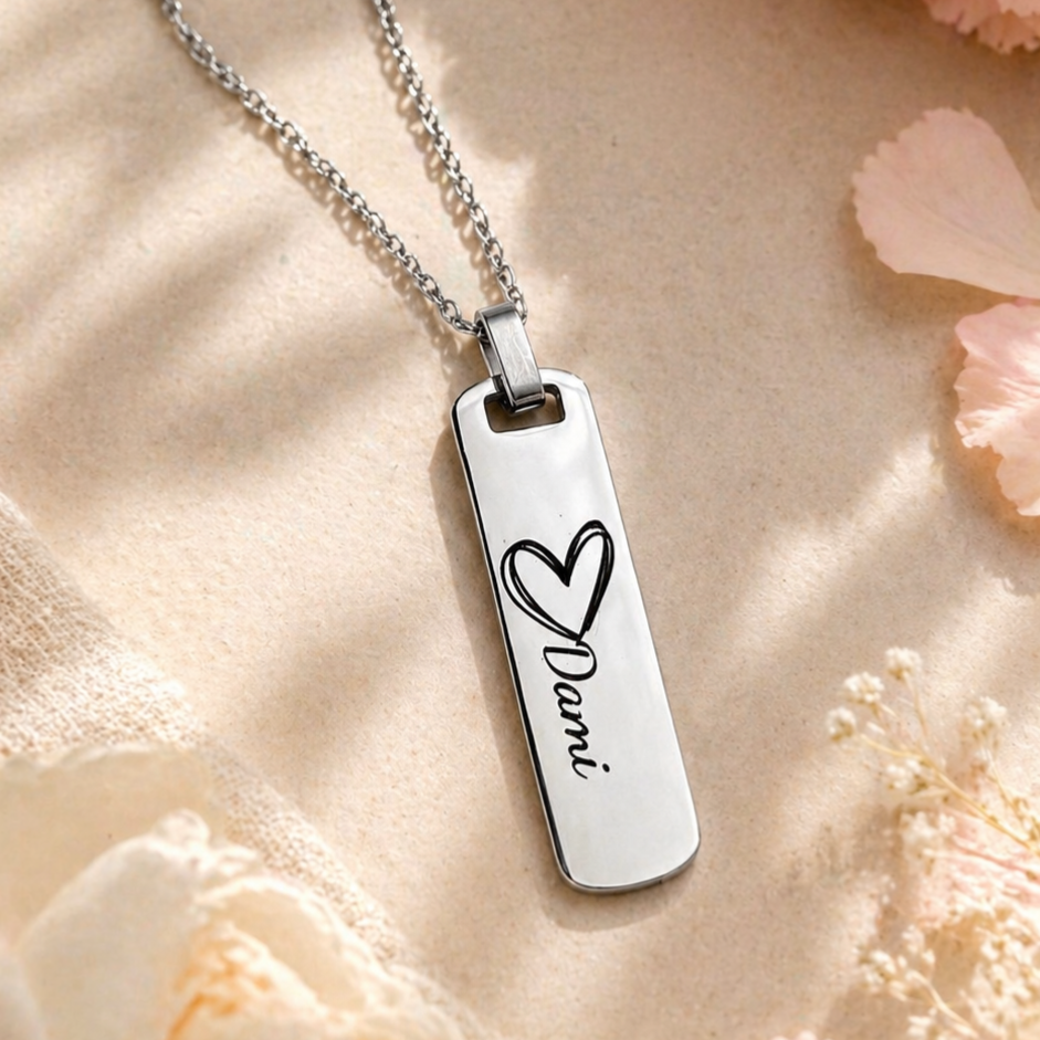 Personalized Vertical Bar Necklace • Silver Engraved Name Pendant