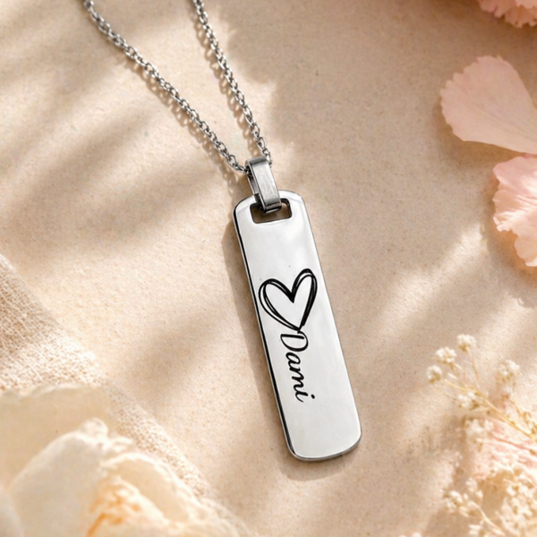 Personalized Vertical Bar Necklace • Silver Engraved Name Pendant