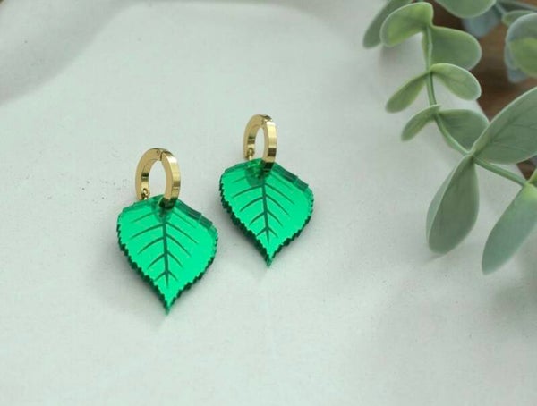 Green Leaf Earrings • Acrylic Nature Earrings • Gold Hoop