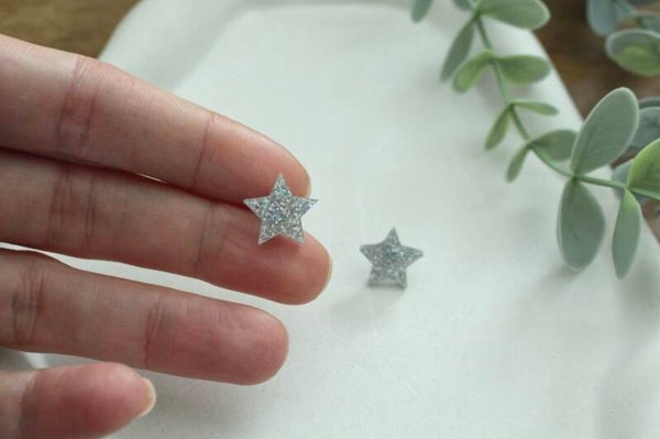 Mini Glitter Star Stud Earrings • Silver Sparkle Acrylic Stars