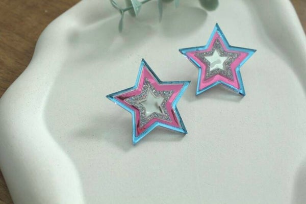 Star Statement Earrings • Pink & Blue Mirror Acrylic