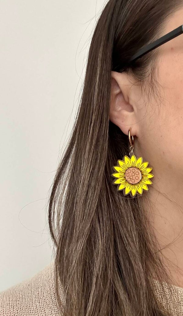 Sunflower Earrings • Bright Yellow Acrylic Earrings • Gold Hoops