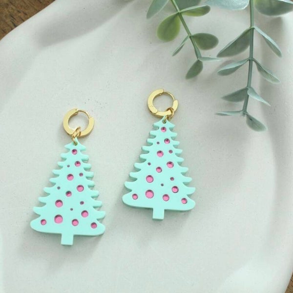 Pastel Christmas Tree Earrings • Mint & Pink Holiday Earrings