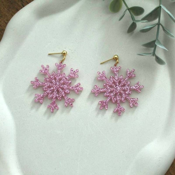 Glitter Snowflake Earrings • Pink or Silver • Holiday Winter Earrings