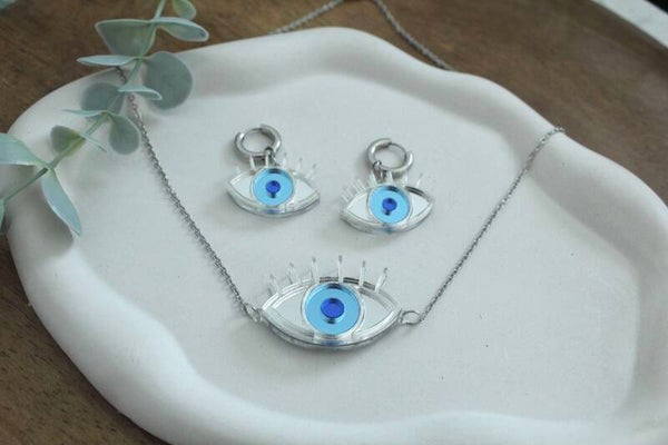 Evil Eye Necklace & Earrings • Protection Jewelry Set • Acrylic Blue Eye