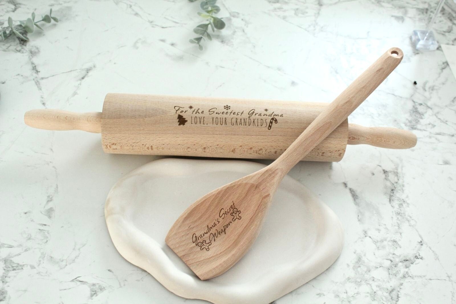 Personalized Wooden Rolling Pin & Spoon Set – Engraved with Your Text