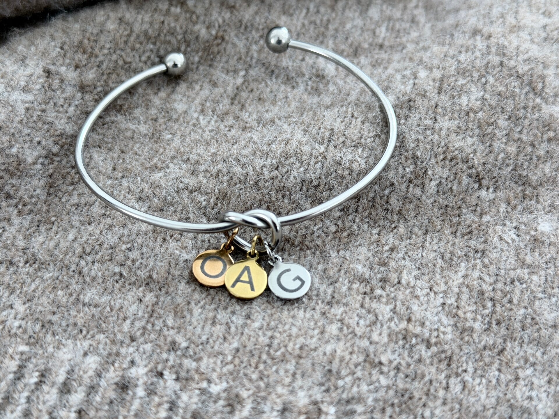 Personalized Initial Knot Bracelet – Stainless Steel Bangle with Letter Charms