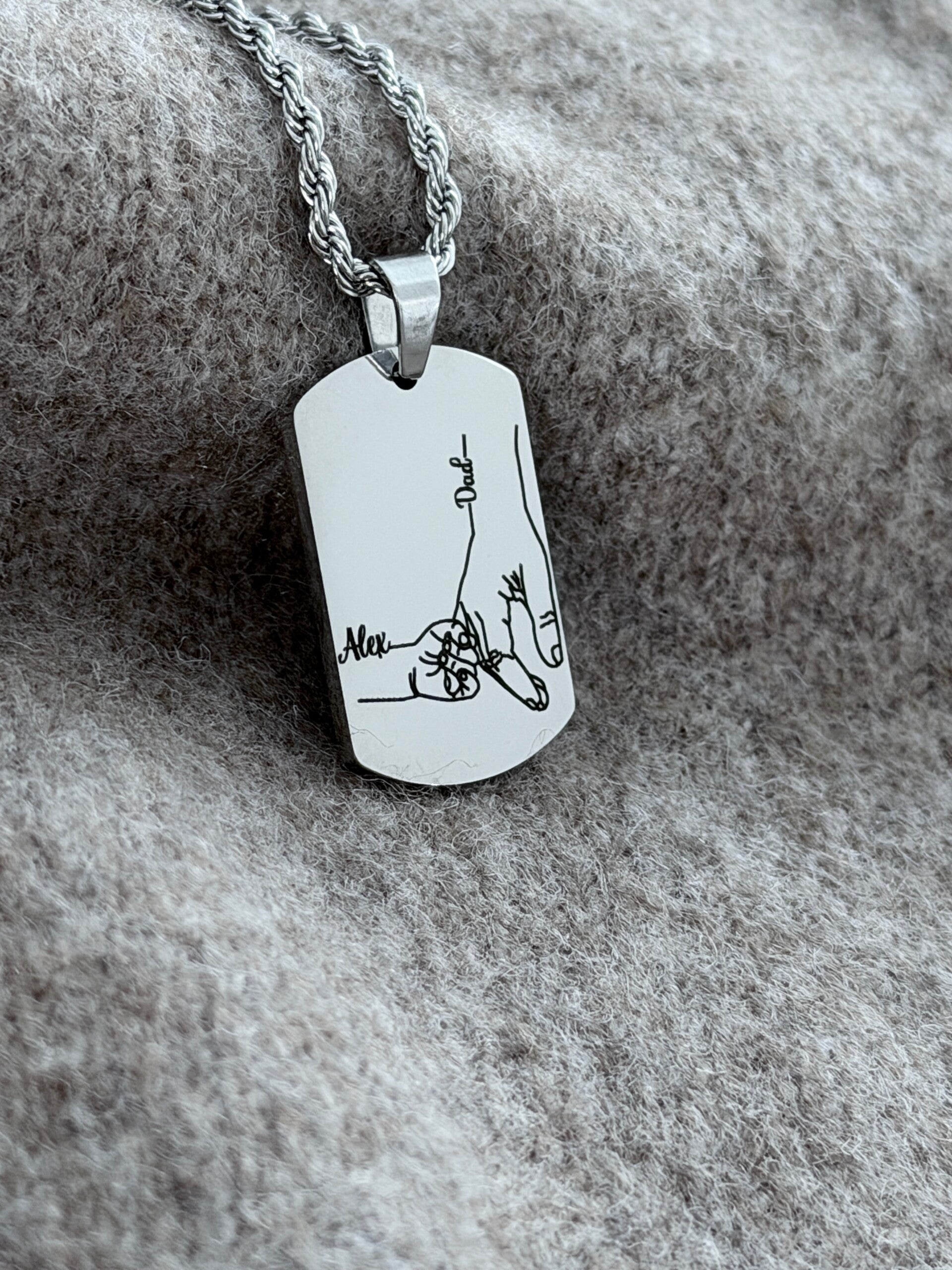 Personalized Dad & Child Dog Tag Necklace | Custom Hand Outline Engraving