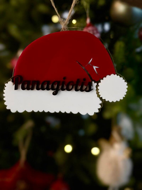 Personalized Santa Hat Christmas Ornament – Custom Name – Red & White Acrylic Decoration