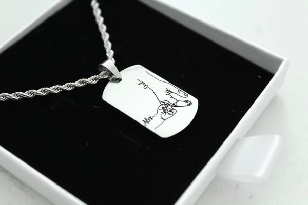 Personalized Dad & Child Dog Tag Necklace | Custom Hand Outline Engraving