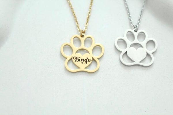 Personalized Paw Print Necklace with Heart • Custom Pet Name Jewelry