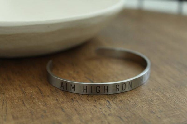 AIM HIGH SON” Personalized Cuff Bracelet – Gift from Mum & Dad