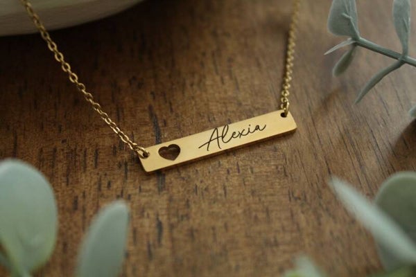 Personalized Name Bar Necklace with Heart Cutout • Engraved Stainless Steel