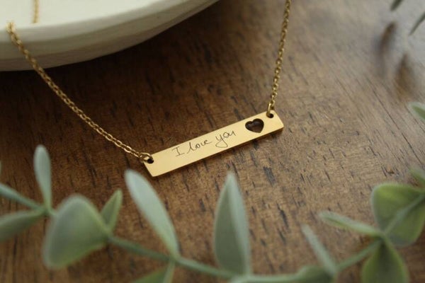 Handwriting Necklace • Custom Bar Pendant Engraved from Real Handwriting