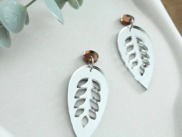 Mirror Acrylic Leaf Cutout Earrings – Silver & Bronze
