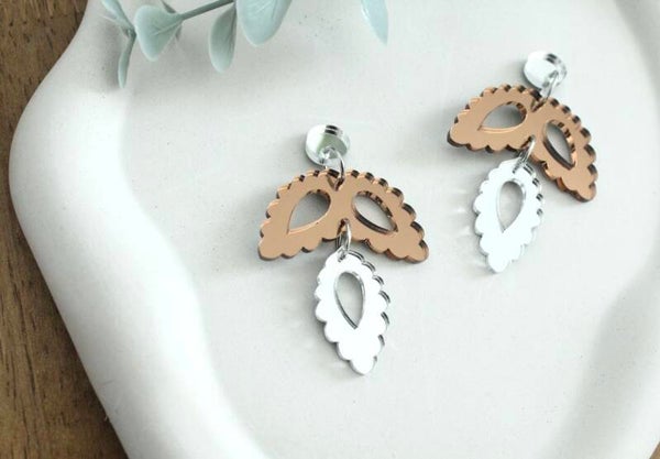 Mirror Bronze & Silver Leaf Duo Earrings | Lightweight Botanical Dangle